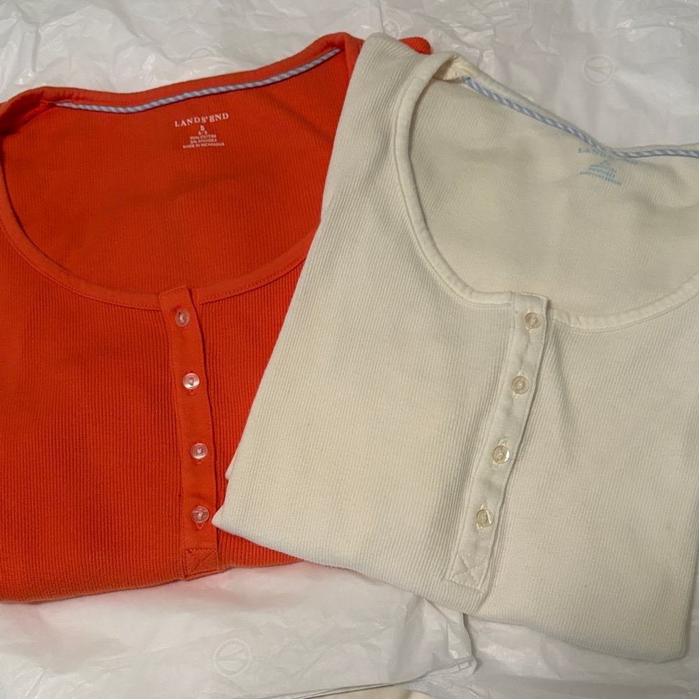 Lands' End Ribbed Henley Tops - Bright Orange & Cream